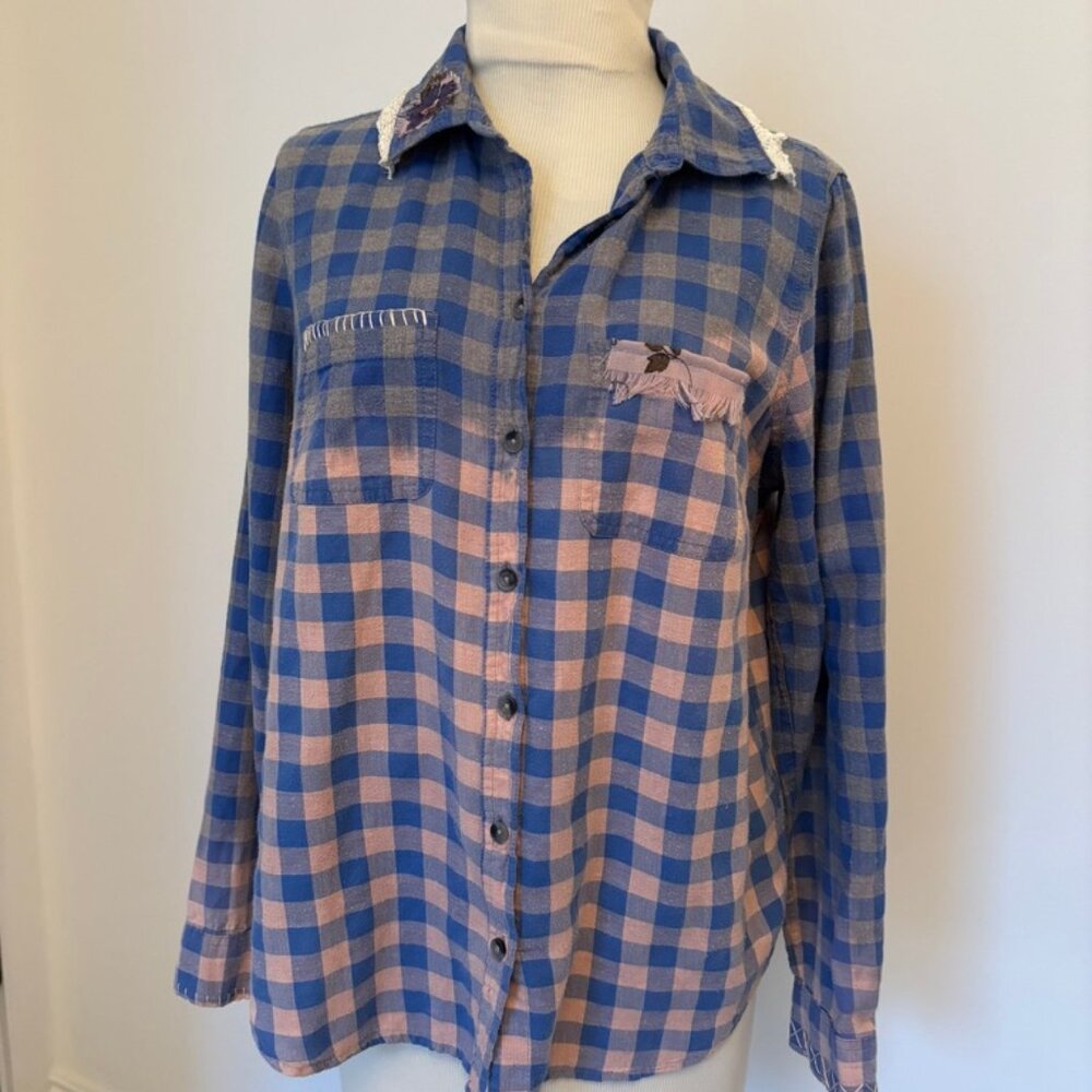 Upcycled reimagined Boho Bleached Mixed Media flannel shirt - Picture 2 of 7